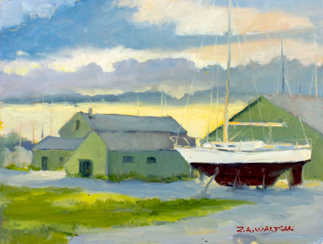 Robert Waltsak (NJ,b 1944) oil painting: ARTIST: Robert Alan Waltsak (New Jersey, born 1944) TITLE: Boatyard Scene MEDIUM: oil on board CONDITION: Few minor paint losses. No visible inpaint under UV light.