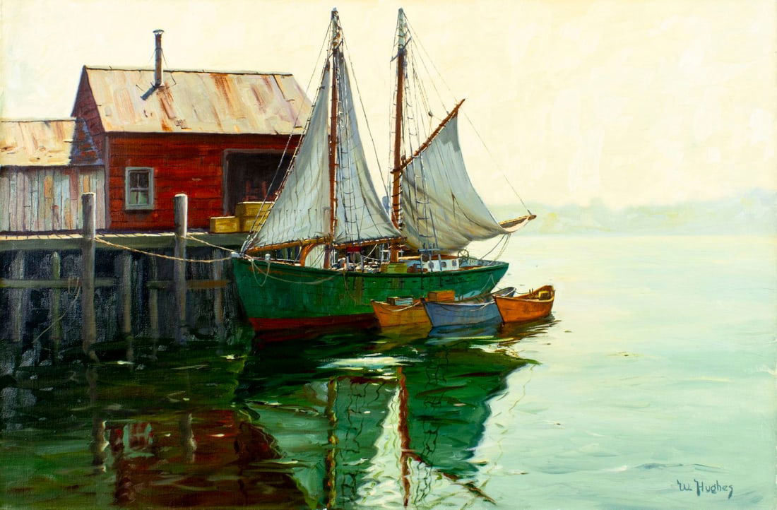 Hjalmar Cappy Amundsen (ME,NY,MA,1911-2001) oil painting: ARTIST: Hjalmar Cappy Amundsen (Maine, New York, Massachusetts, 1911 - 2001) TITLE: Harbor Scene with Boats MEDIUM: oil on canvas CONDITION: Unstretched (In-House stretch