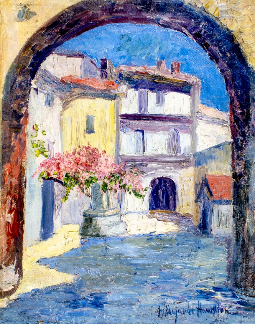 Hildegarde Hamilton (FL,VA,1898-1970) oil painting: ARTIST: Hildegarde Hume Hamilton (Florida, Virginia, 1898 - 1970) TITLE: Patio in Provence, France (titled on verso) MEDIUM: oil on canvas CONDITION: Few small paint losse