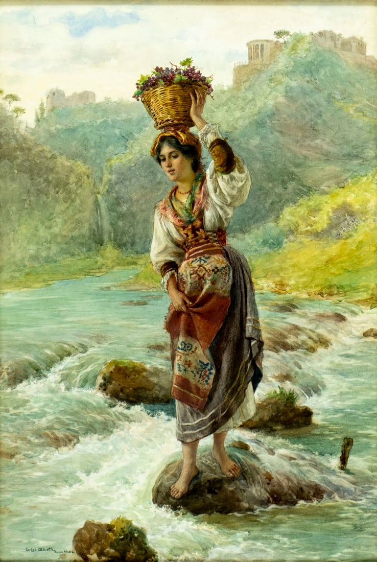 Luigi Olivetti (Italy,1856-1941) watercolor painting antique: ARTIST: Luigi Olivetti (Italian, 1856 - 1941) TITLE: Peasant Woman Crossing River MEDIUM: watercolor on paper CONDITION: Minor age toning. Framed under glass. Wear to fram