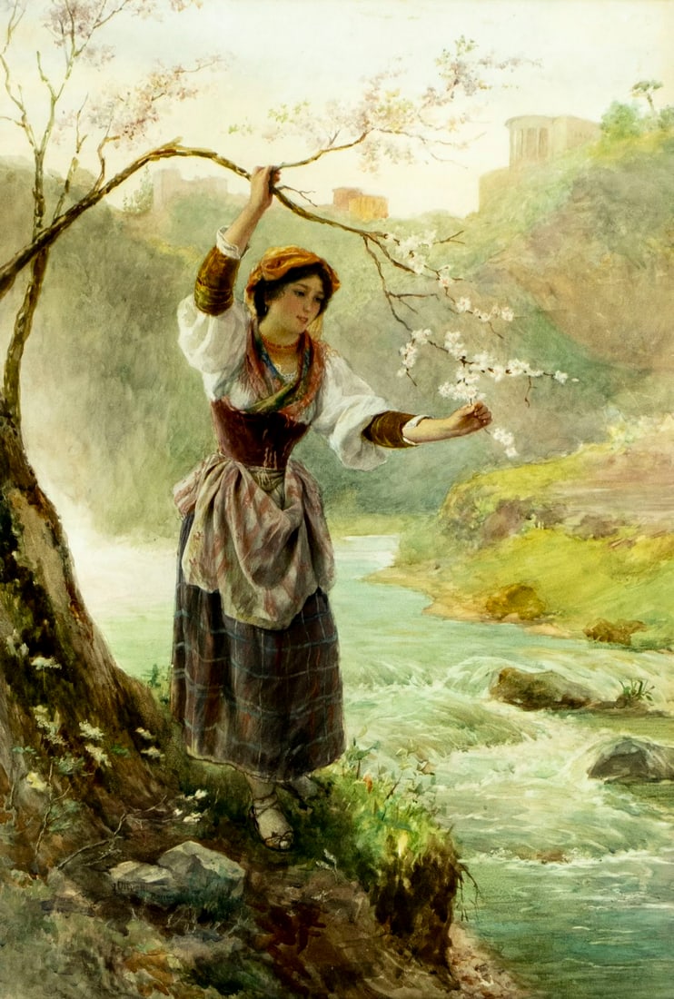 Luigi Olivetti (Italy,1856-1941) watercolor painting antique: ARTIST: Luigi Olivetti (Italian, 1856 - 1941) TITLE: Peasant Woman at River MEDIUM: watercolor on paper CONDITION: Minor age toning. Framed under glass. Minor damages to f