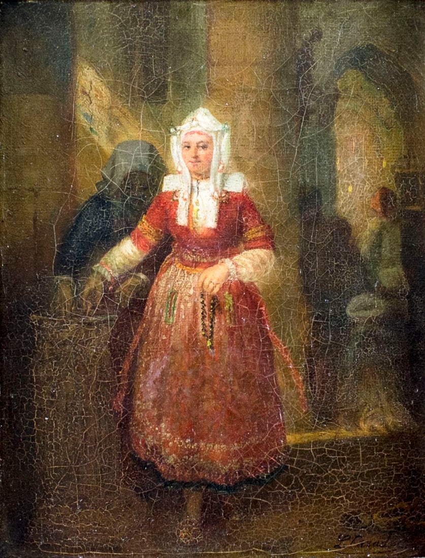 Louis Caradec (France,1802-1888) oil painting antique: ARTIST: Louis Caradec (French, 1802 - 1888) TITLE: Portrait of a Woman MEDIUM: oil on canvas CONDITION: One tear repaired with patch and corresponding inpainting. Some sta
