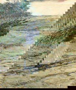 Jules Guerin (NY,IL,MO,1866-1946) watercolor painting antique: ARTIST: Jules Vallee Guerin (New York, Illinois, Missouri, 1866 - 1946) TITLE: Peasant Woman Carrying Firewood MEDIUM: watercolor on paper. Paper applied to board. CONDITION: