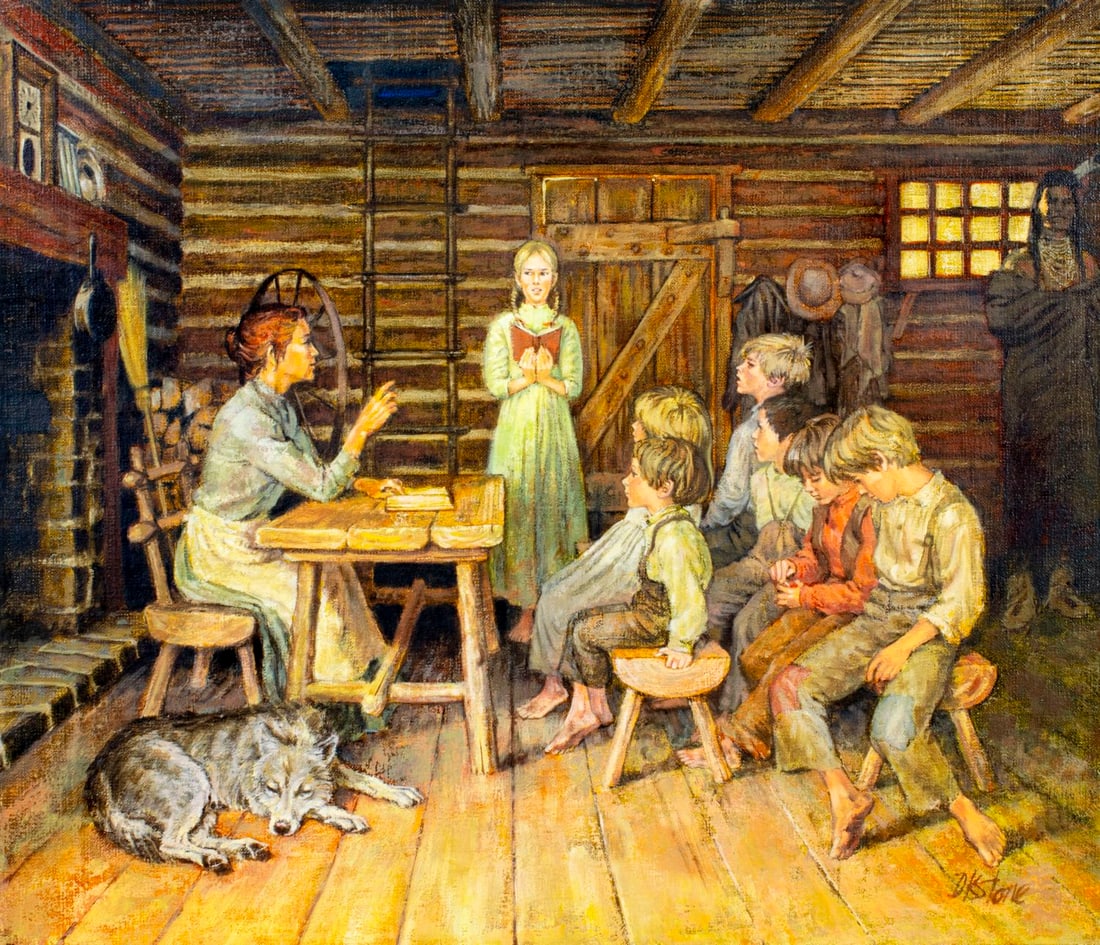 David Stone (OR,1922-2001) oil painting: ARTIST: David K Stone (Oregon, 1922 - 2001) TITLE: Classroom YEAR: 1981 MEDIUM: oil on canvas CONDITION: Very good. No visible inpaint under UV light.<