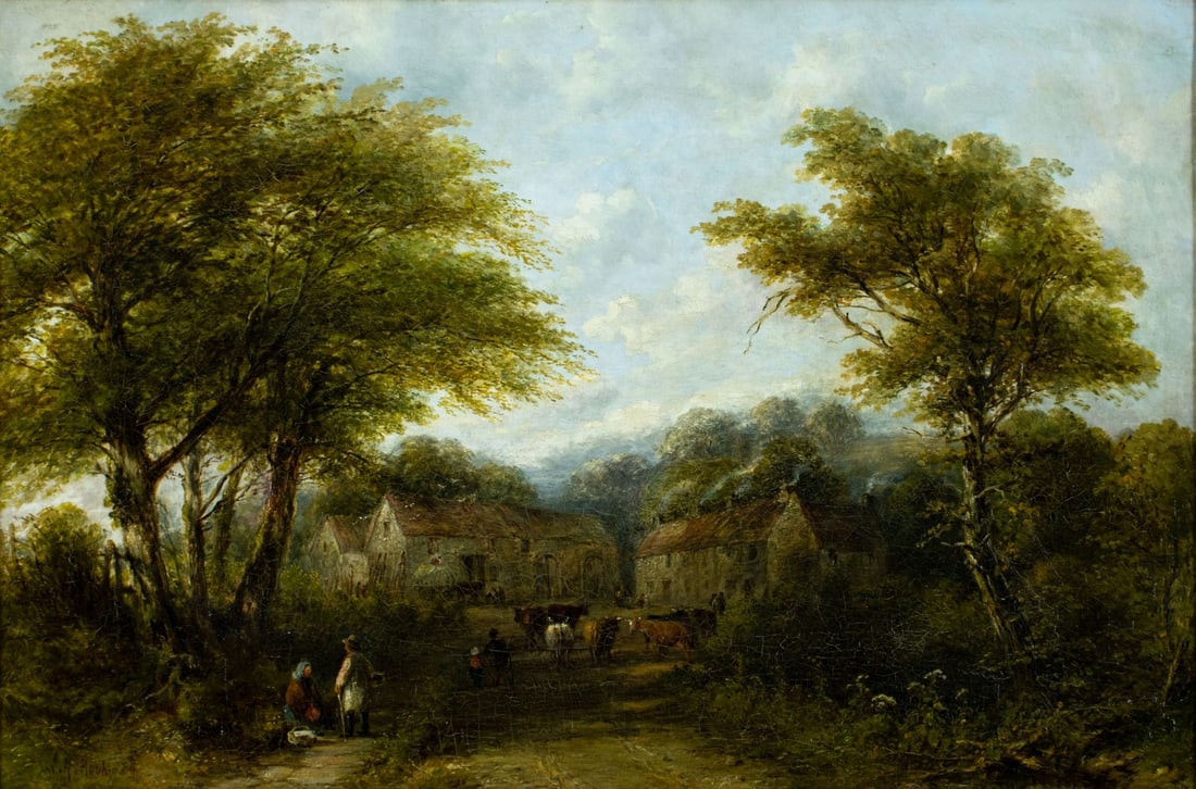 Antique 19C British oil painting signed: ARTIST: - (United Kingdom, 19 century) TITLE: Country Landscape with Cows MEDIUM: oil on canvas CONDITION: One small patch. Few minor scratches/paint losses along edges. S