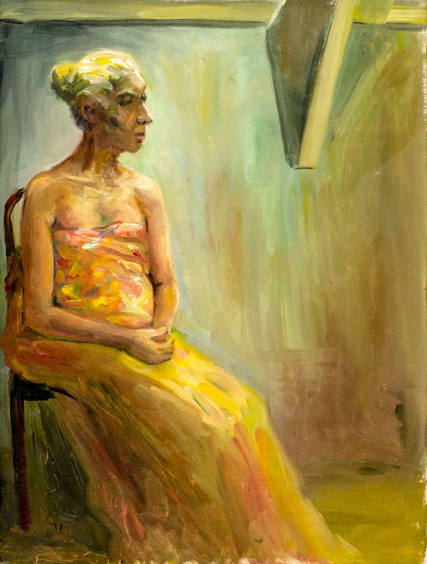 Charles Bohannah (NY,1910-1985) oil painting: ARTIST: Charles F Bohannah (New York, 1910 - 1985) TITLE: Woman in Yellow Dress MEDIUM: oil on canvas CONDITION: Unstretched (In-House stretching available). Minor craquel