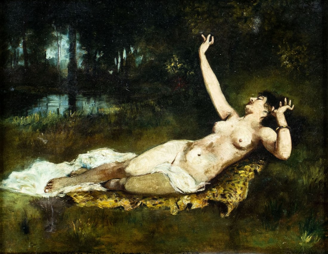 Antique 19C German oil painting: ARTIST: - (Germany, 19 century) TITLE: Nude in Forest MEDIUM: oil on canvas CONDITION: Two patches. One repaired tear with corresponding paint losses. Few very minor scra