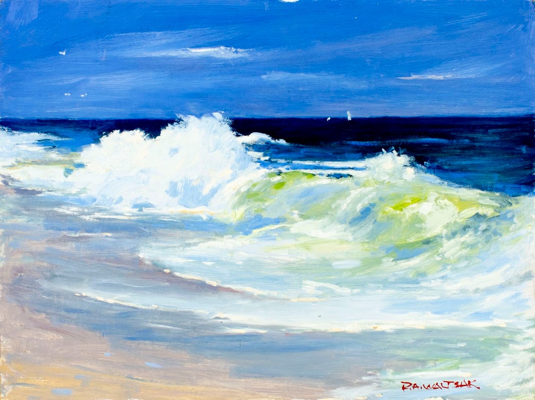 Robert Waltsak (NJ,b 1944) oil painting: ARTIST: Robert Alan Waltsak (New Jersey, born 1944) TITLE: Seascape MEDIUM: oil on board CONDITION: Minor damage to the upper right corner. No visible inpaint under UV light