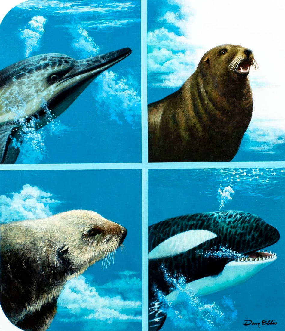 Dean Ellis (NY,1920-2009) oil painting: ARTIST: Dean Ellis (New York, 1920 - 2009) TITLE: Marine Mammals YEAR: 1990 MEDIUM: oil on board CONDITION: Some small damages to edges and corners. No