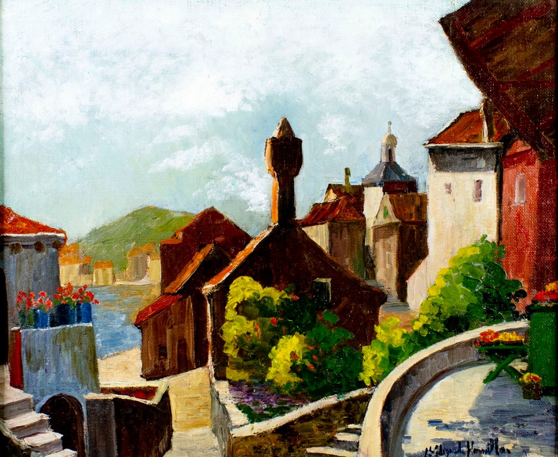 Hildegarde Hamilton (FL,VA,1898-1970) oil painting: ARTIST: Hildegarde Hume Hamilton (Florida, Virginia, 1898 - 1970) TITLE: Corcula Cityscape, Croatia MEDIUM: oil on canvas CONDITION: Minor paint losses. Some craquelure. S