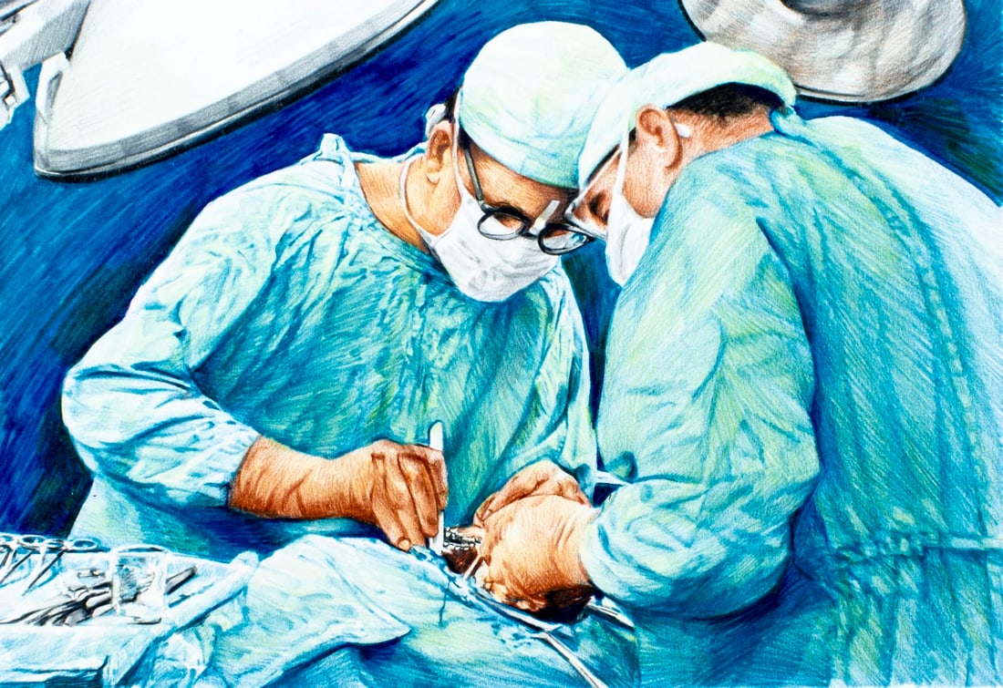 Paul Calle (CT,NY,1928-2010) colored pencil painting: ARTIST: Paul Calle (Connecticut, New York, 1928 - 2010) & Chris Calle (American, born 1961) TITLE: Organ Transplants Repair - Human Body YEAR: 1999 MEDIUM: colored pencil