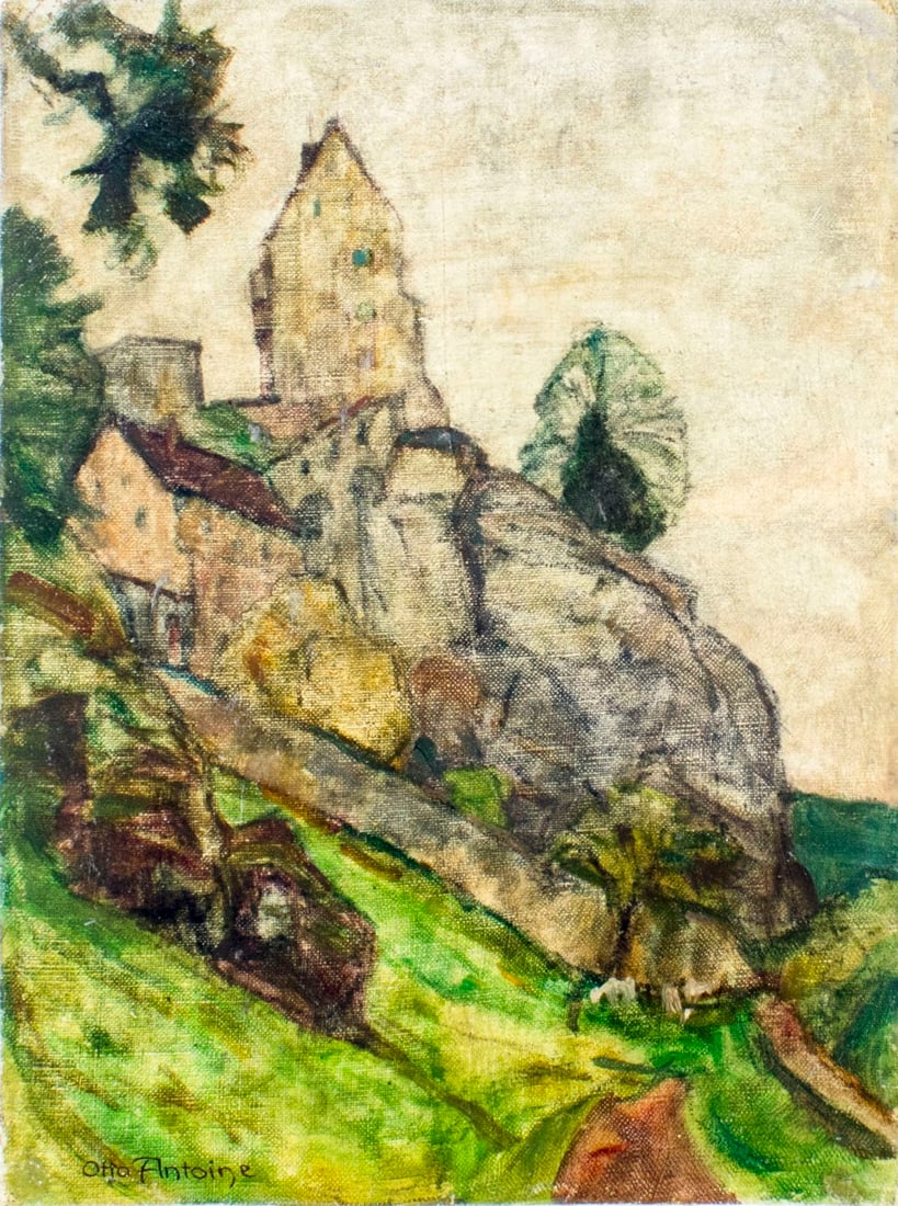 Otto Antoine (German,1865-1951) oil painting antique: ARTIST: Otto Antoine (Germany, 1865 - 1951) NAME: Landscape - Pottenstein Castle, Bavaria MEDIUM: oil on canvas. Canvas applied to board. CONDITION: Minor inpainting in upper left corner.