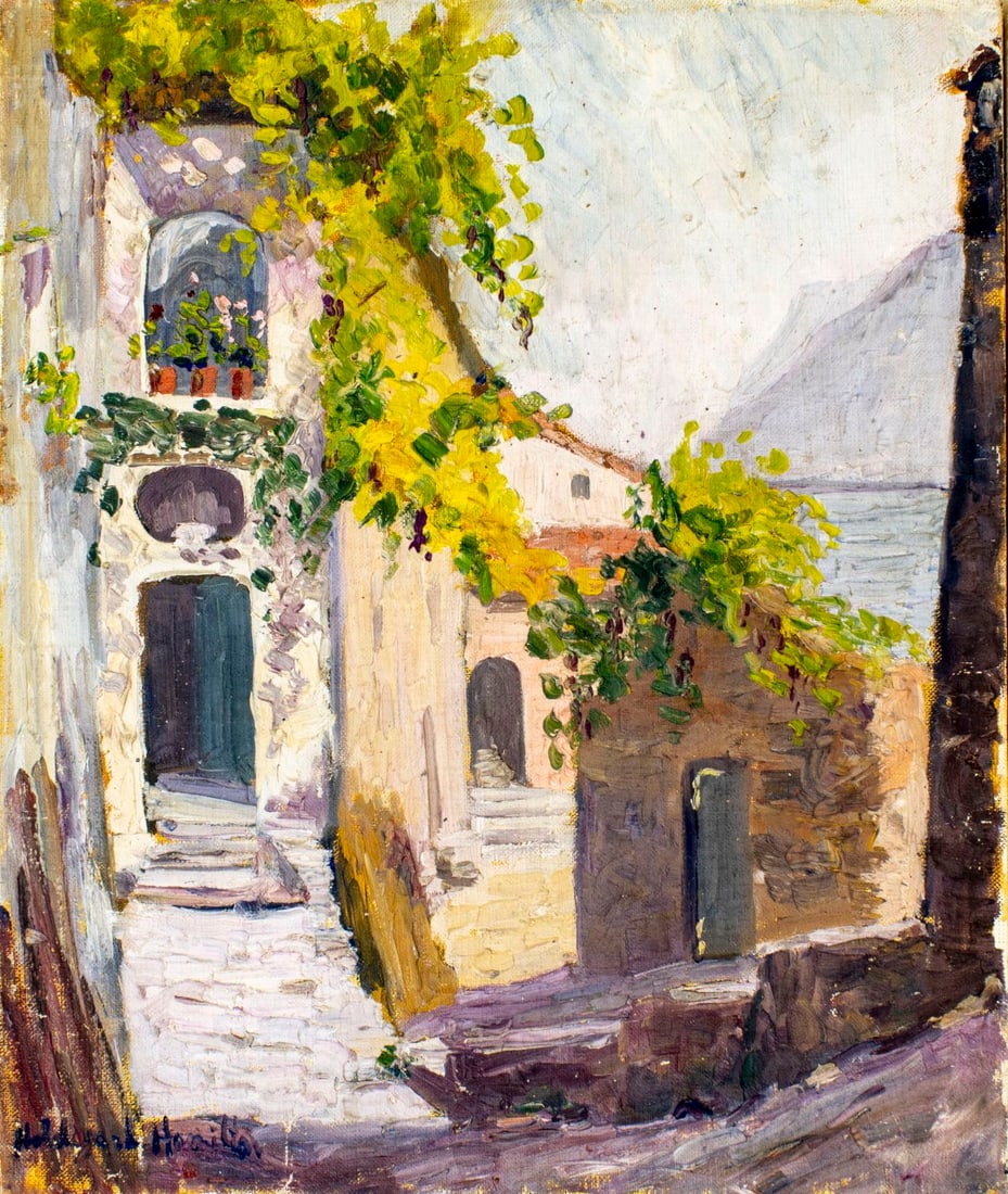Hildegarde Hamilton (FL,VA,1898-1970) oil painting: ARTIST: Hildegarde Hume Hamilton (Florida, Virginia, 1898 - 1970) TITLE: Italian Town Scene MEDIUM: oil on canvas CONDITION: Some paint losses. Some craquelure. No visible
