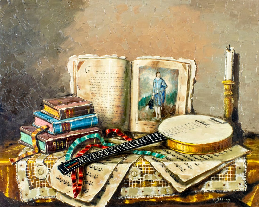 Arisztid Szendy (Hungary,1903-1972) oil painting: ARTIST: Arisztid Szendy (Hungarian, 1903 - 1972) TITLE: Still Life with Books and Banjo MEDIUM: oil on canvas CONDITION: Unstretched (In-House stretching available). Few m