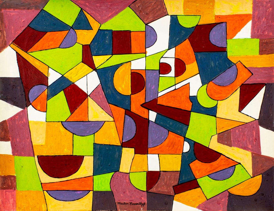 Martin Rosenthal (NY,MA,1899-1974) oil painting: ARTIST: Martin Rosenthal (New York, Massachusetts, 1899 - 1974) TITLE: Abstract Composition YEAR: 1967 MEDIUM: oil on heavy paper CONDITION: Few crease