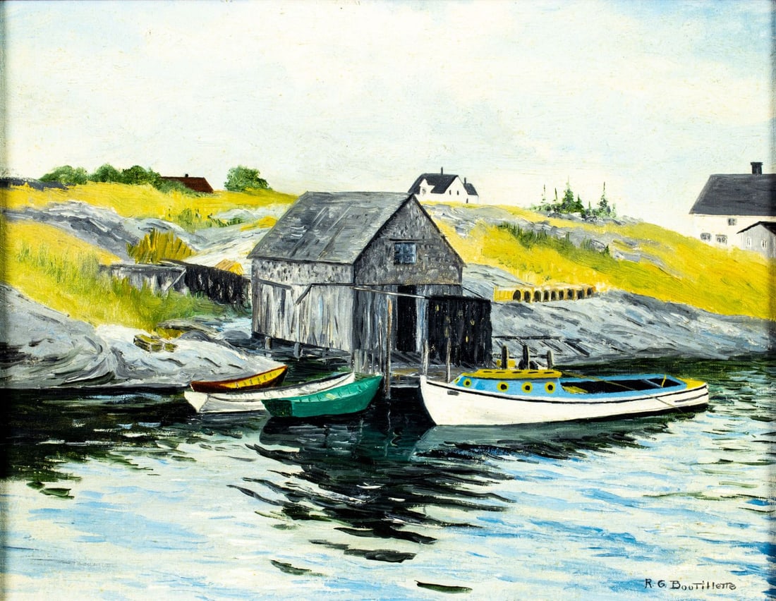 Ruth G Boutillette (NJ,CT,1920-2013) oil painting: ARTIST: Ruth G Boutillette (New Jersey, Connecticut, 1920 - 2013) TITLE: Blue Rock Inlet, Nova Scotia (titled on verso) YEAR: 1957 MEDIUM: oil on canvas board CON