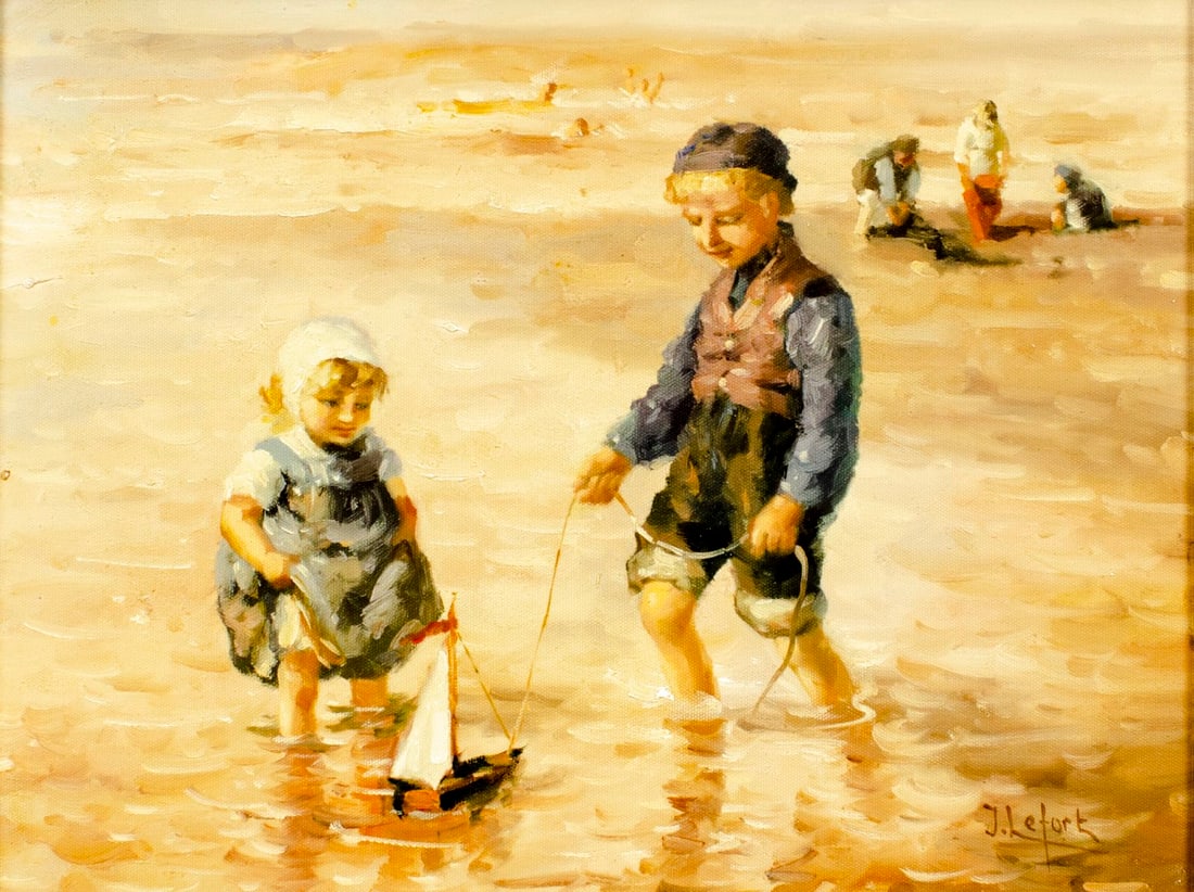 Jean Lefort (France,b 1948) oil painting: ARTIST: Jean Lefort (French, born 1948) TITLE: Children Palying on Beach MEDIUM: oil on canvas board CONDITION: Overall good. No visible inpaint under UV light. A