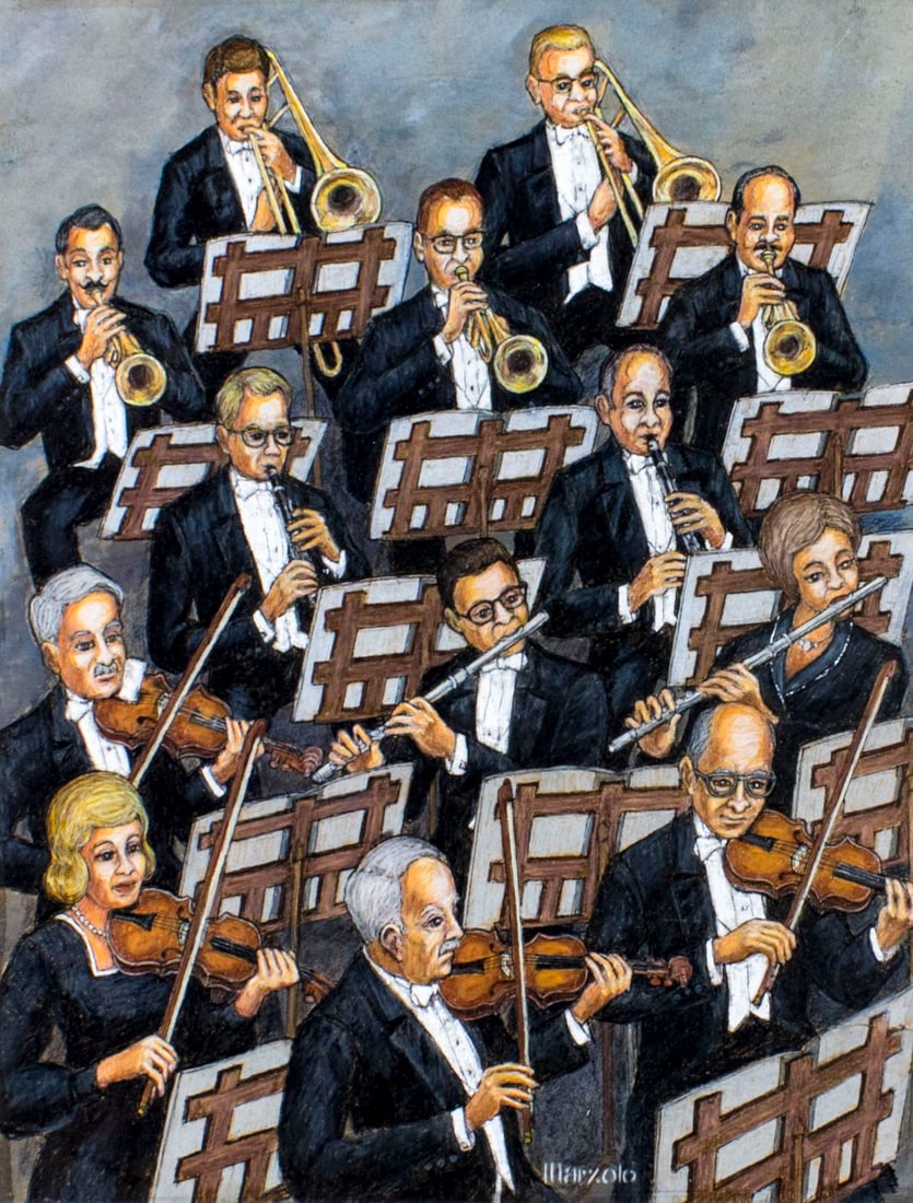 Marzolo (US,20C) mixed media painting: ARTIST: Marzolo (American, 20 century) NAME: Illustration - Orchestra MEDIUM: mixed media on paper. Paper applied to board. CONDITION: Very good. SIGHT SIZE: 24 x 18 inches / 60 x 45 cm