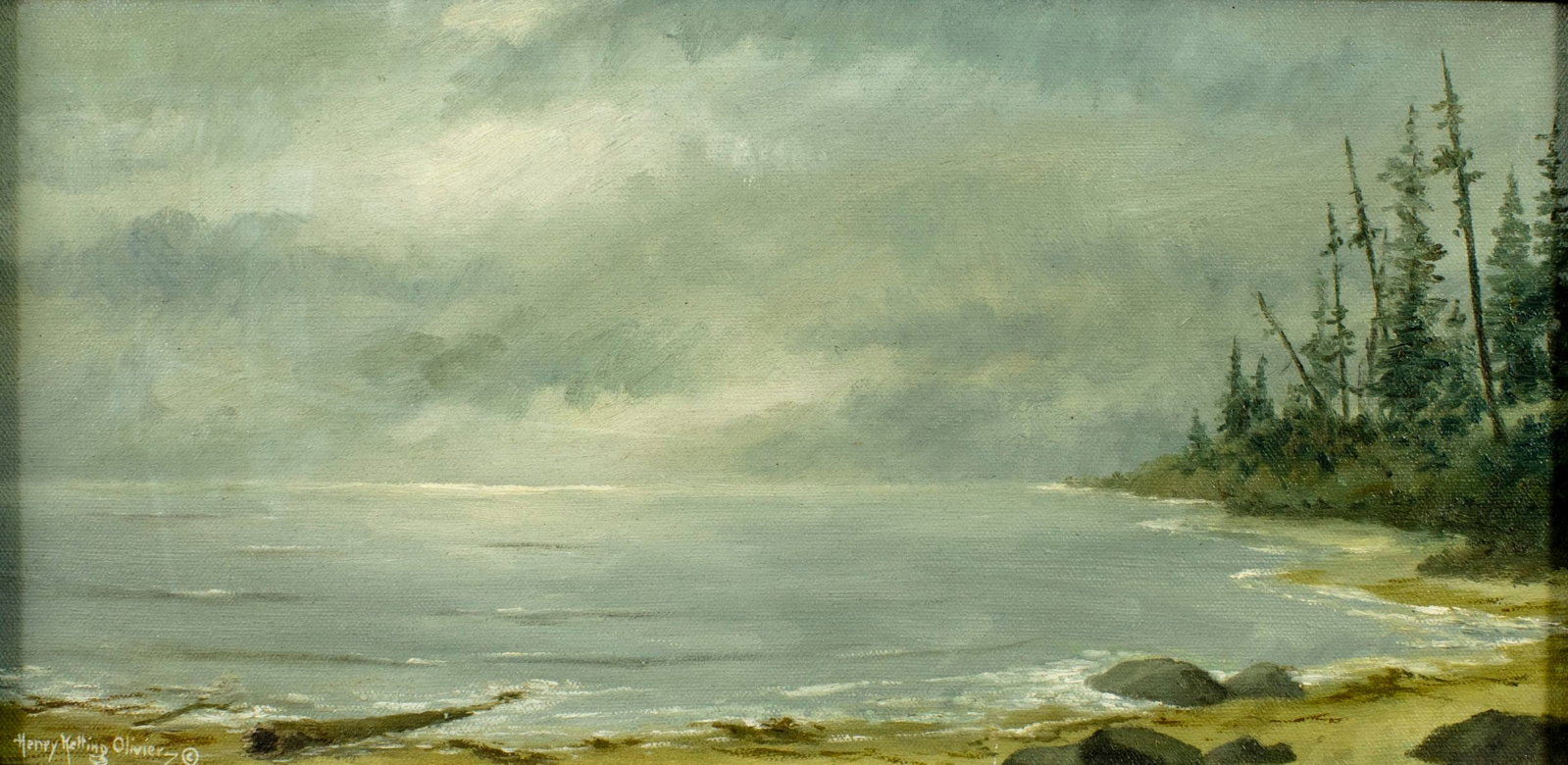 Henry Ketting Olivier (CA,Indonesia,1924-2004) oil painting: ARTIST: Henry Ketting Olivier (California, Indonesian, 1924 - 2004) TITLE: Coastal Landscape MEDIUM: oil on canvas CONDITION: One minor scratch by the lower edge. No visib