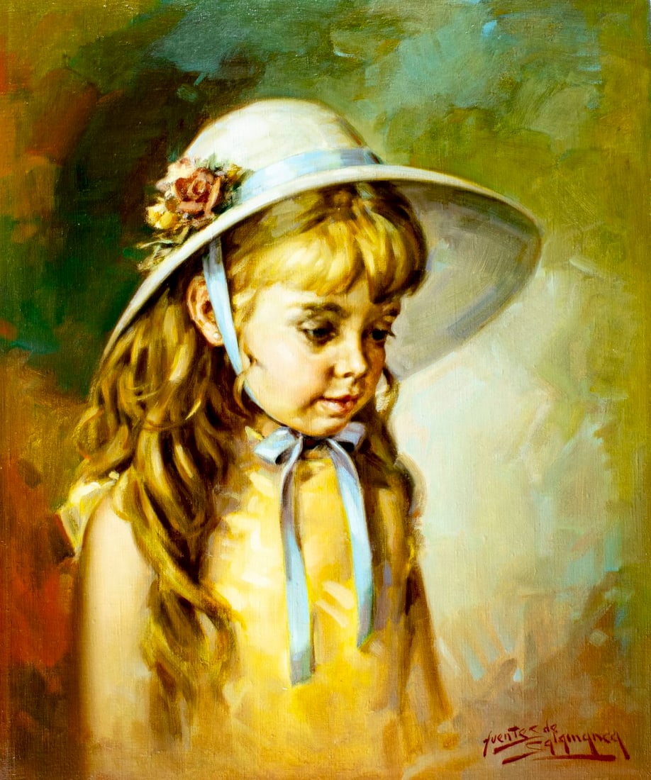 Jose Fuentes de Salamanca (Spain,1934-?) oil painting: ARTIST: Jose Fuentes de Salamanca (Spanish, 1934 - ???) TITLE: Portrait of Girl in Hat MEDIUM: oil on canvas CONDITION: Unstretched (In-House stretching available). Very g