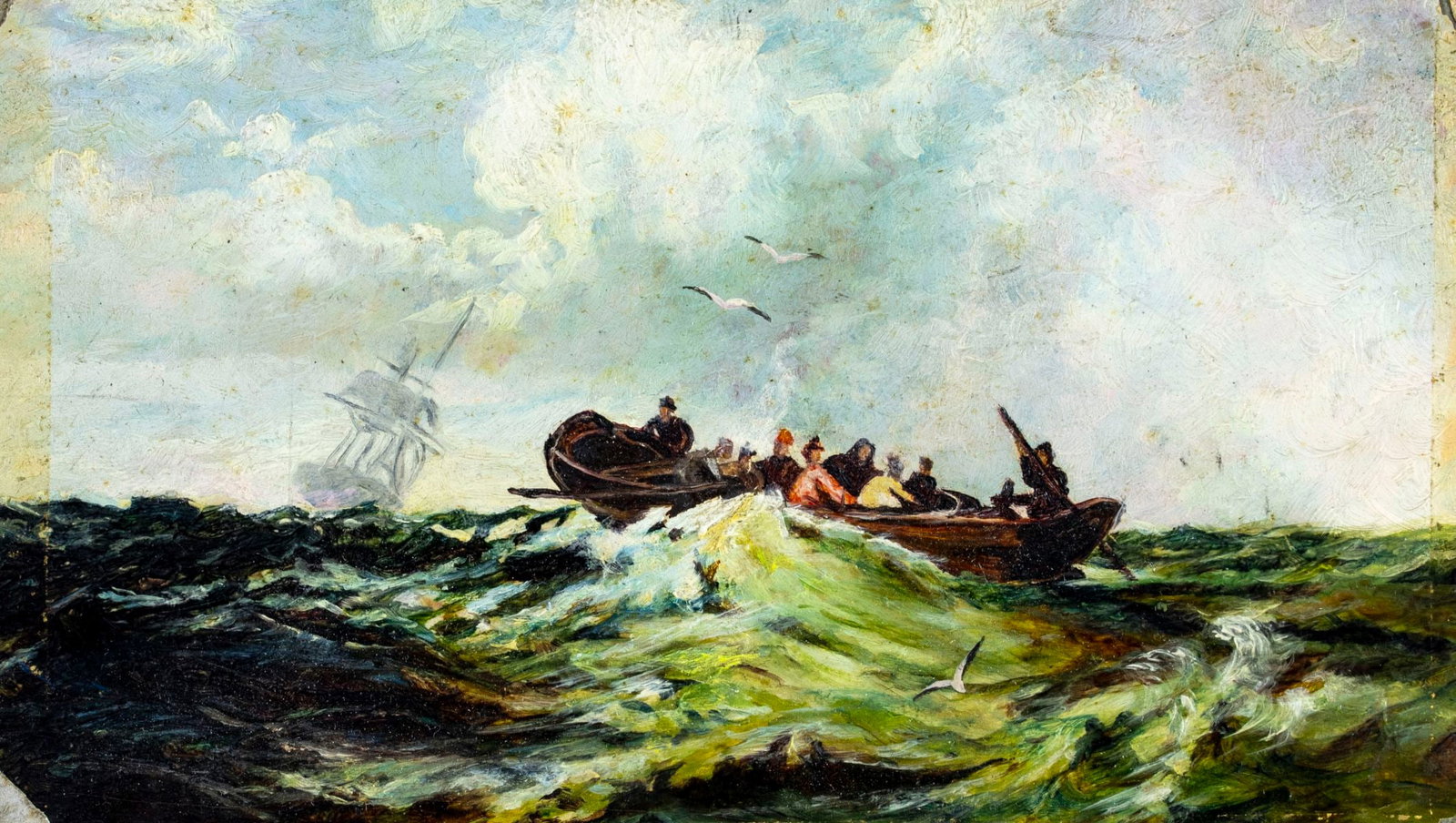 Antique 19C American oil painting: ARTIST: - (American, 19 century) TITLE: Seascape with Boat YEAR: circa 1900 MEDIUM: oil on board CONDITION: Some damages to corners. Few small faint sc