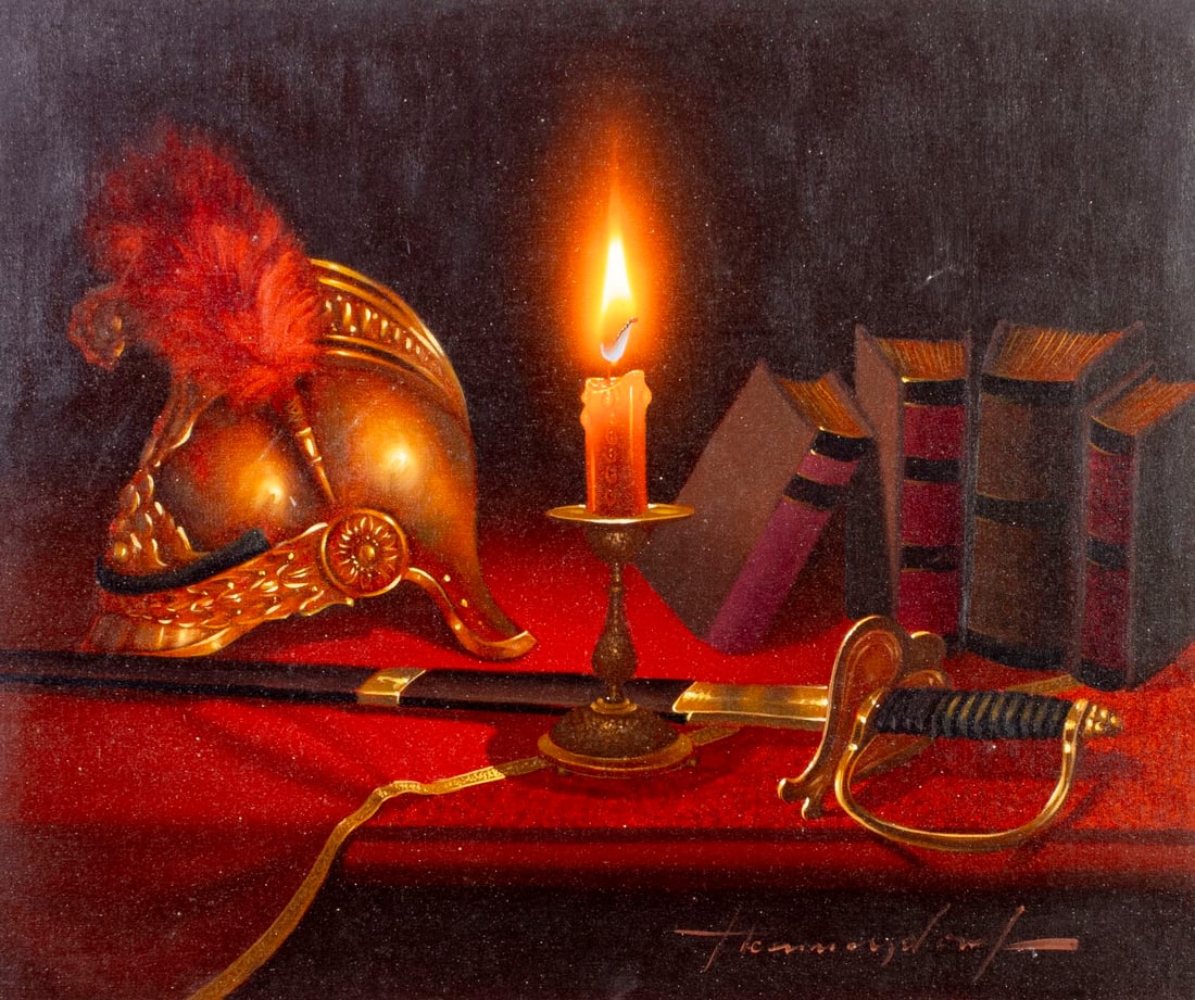 Alois M Hennersdorf (German,1927-?) oil painting: ARTIST: Alois M Hennersdorf (Germany, 1927 - ???) TITLE: Still Life with Sword, Books and Helmet MEDIUM: oil on canvas CONDITION: Unstretched (In-House stretching availabl