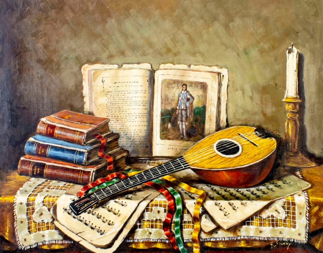 Arisztid Szendy (Hungary,1903-1972) oil painting: ARTIST: Arisztid Szendy (Hungarian, 1903 - 1972) TITLE: Still Life with Mandolin, Books and Candle MEDIUM: oil on canvas CONDITION: Unstretched (In-House stretching availa