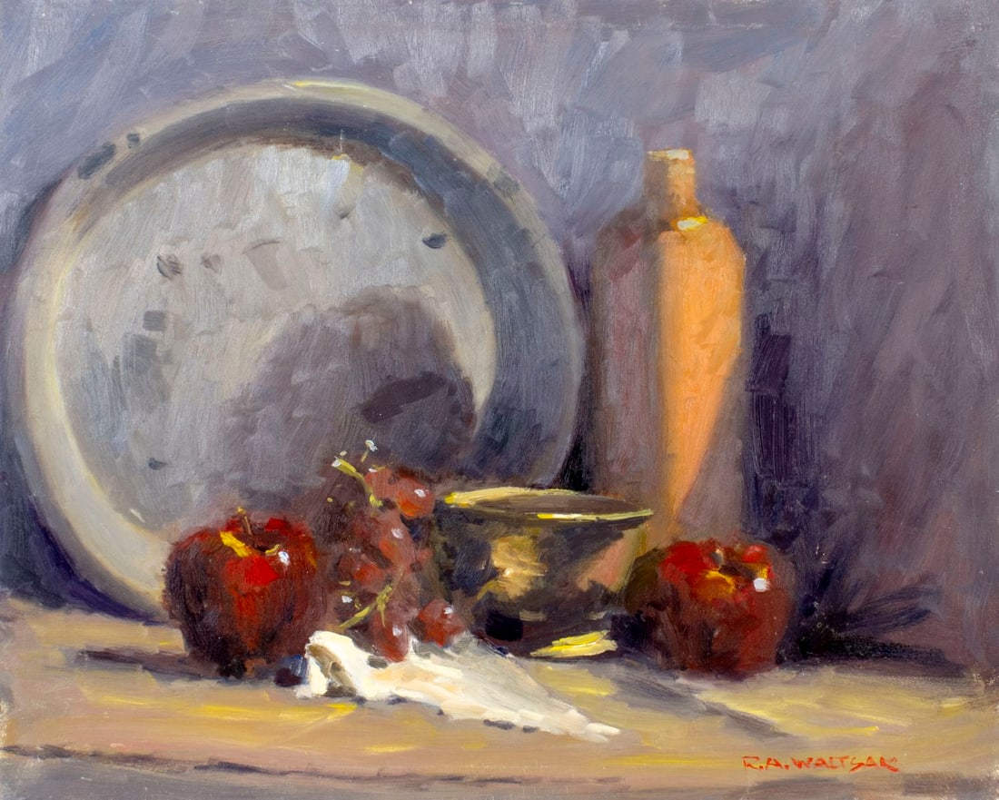 Robert Waltsak (NJ,b 1944) oil painting: ARTIST: Robert Alan Waltsak (New Jersey, born 1944) TITLE: Still Life with Dishes, Apples and Grapes MEDIUM: oil on board CONDITION: Few minor paint losses. No visible inpai