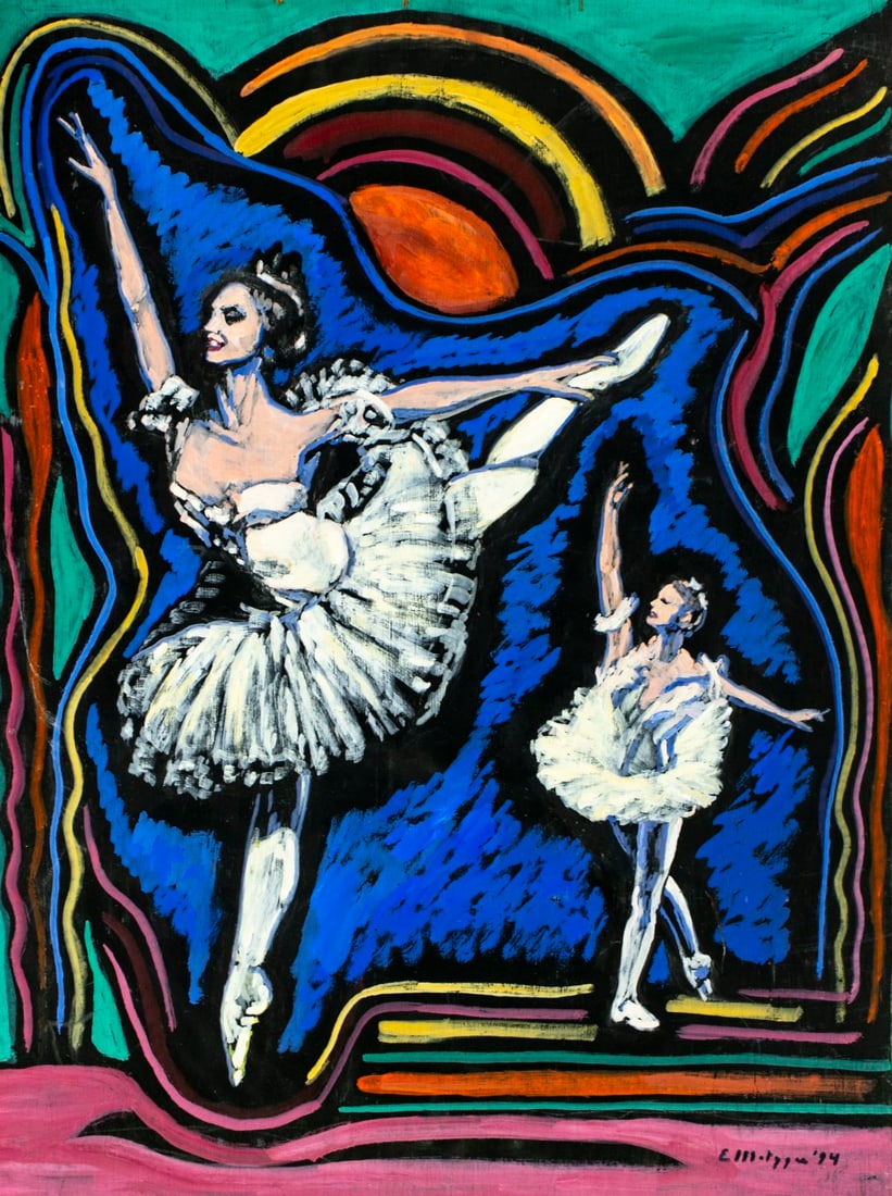 Evelyn Metzger (NY,Brazil,1911-2007) oil painting: ARTIST: Evelyn Borchard Metzger (New York, Brazilian, 1911 - 2007) TITLE: Ballet Scene YEAR: 1994 MEDIUM: oil on board CONDITION: Some scratches/paint