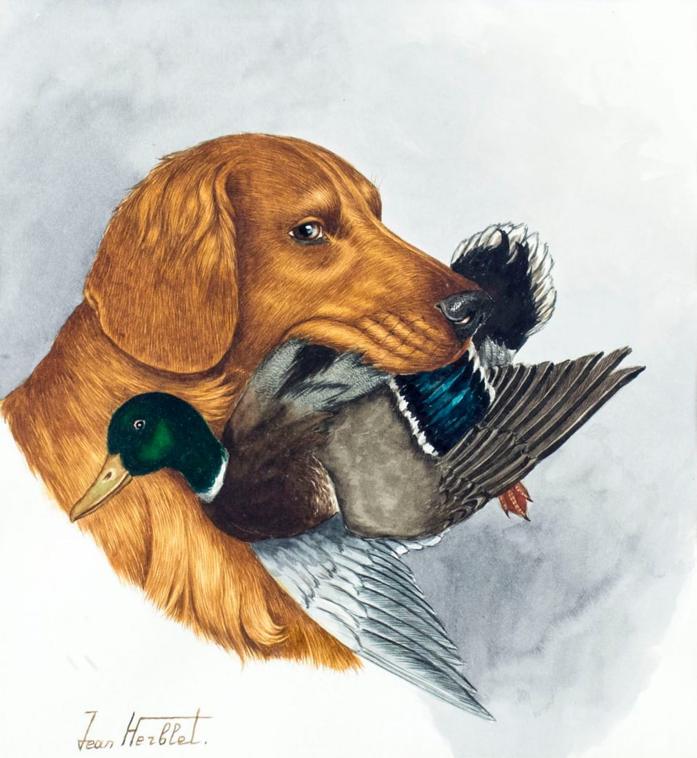 Jean Herblet (France,Russia,1893-1985) watercolor painting: ARTIST: Jean Herblet (French, Russian, 1893 - 1985) TITLE: Dog with Duck MEDIUM: watercolor on paper CONDITION: Very good. Framed under glass. Wear to frame. AR