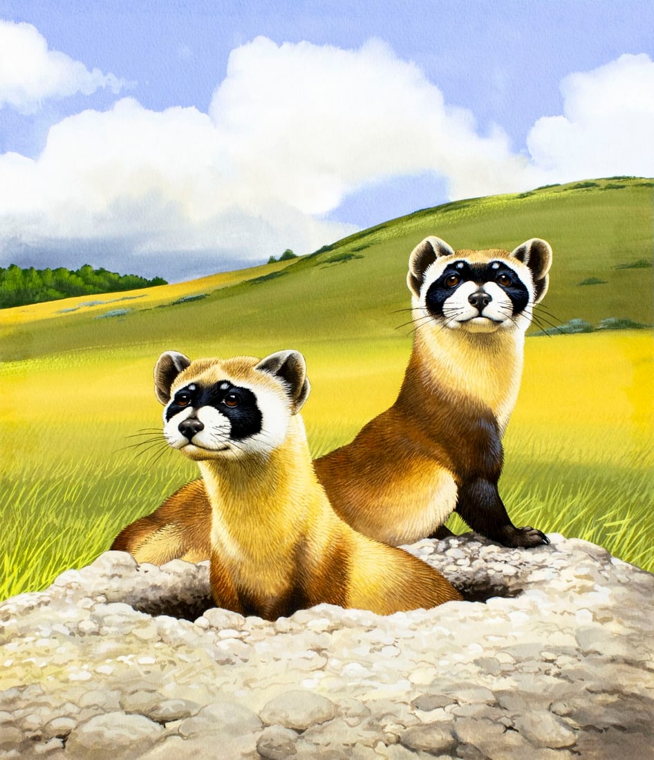Chuck Ripper (WV,PA,1929-2019) gouache painting: ARTIST: Chuck Ripper (West Virginia, Pennsylvania, 1929 - 2019) TITLE: Black-footed Ferret YEAR: 1996 MEDIUM: gouache on board CONDITION: Very good.