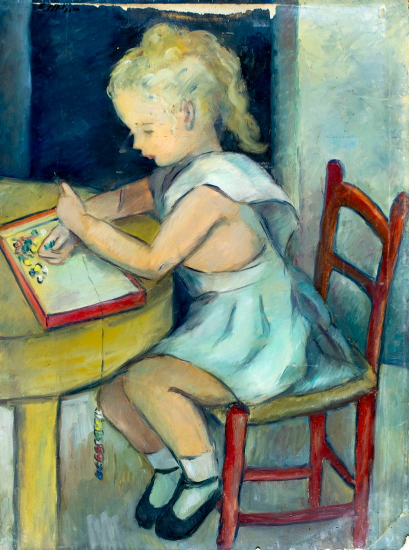 Evelyn Metzger (NY,Brazil,1911-2007) oil painting: ARTIST: Evelyn Borchard Metzger (New York, Brazilian, 1911 - 2007) TITLE: Girl with Beads MEDIUM: oil on board CONDITION: Some damages to edges and corners. Few nail hole