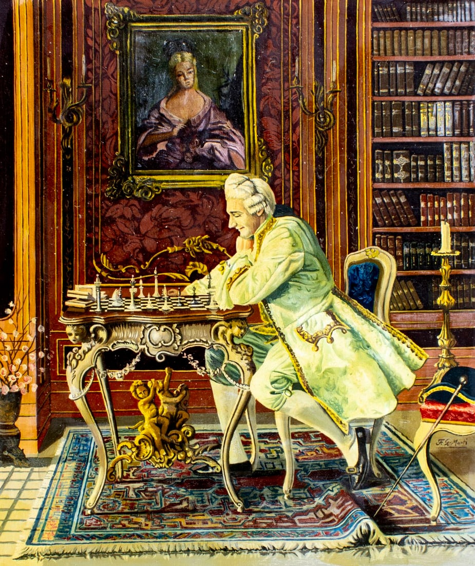 F G Manti (Europe,20C) oil painting: ARTIST: F G Manti (European, 20 century) TITLE: Gentleman Playing Chess MEDIUM: oil on canvas CONDITION: Unstretched (In-House stretching available). Minor paint losses. Min