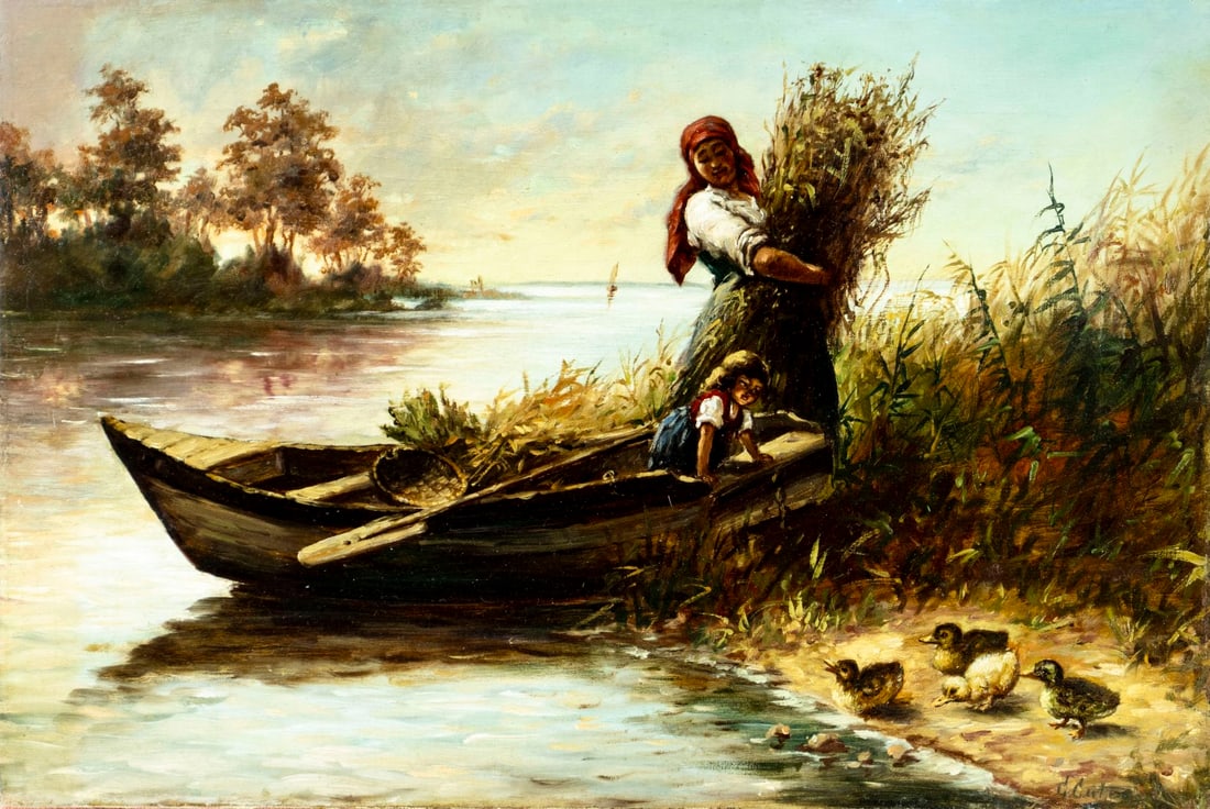 Antique early 20C American oil painting signed (1 of 12)