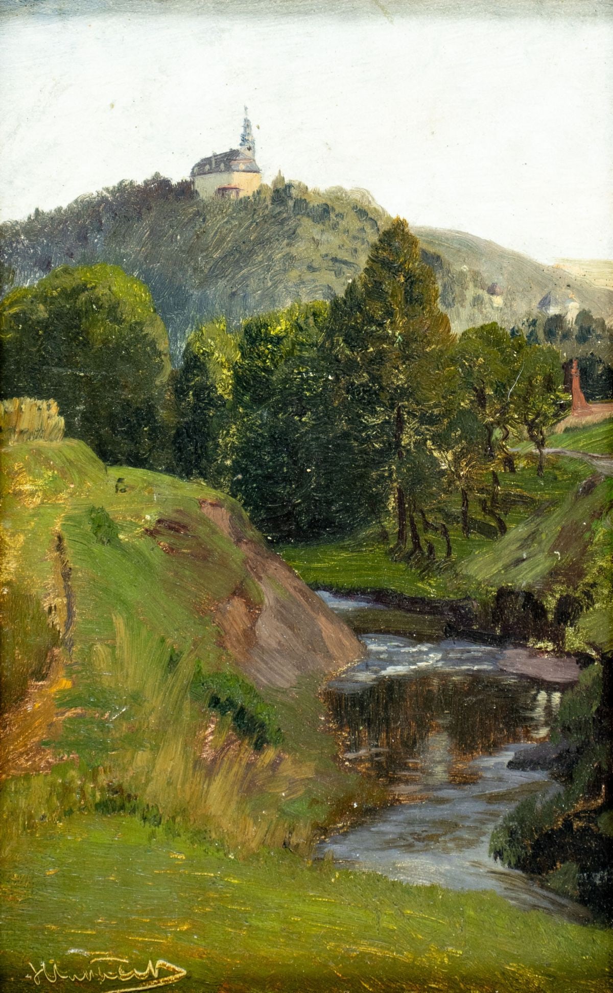 Hlavacek (Czech,early 20C) oil painting antique: ARTIST: Hlavacek (Czech Republic, early 20 century) TITLE: Hilly Landscape MEDIUM: oil on board CONDITION: Missing a few flakes of paint. No visible inpaint under UV light.