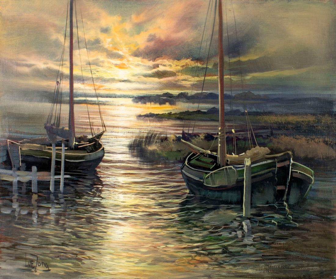 Lambertus de Jong (Dutch,1919-2005) oil painting: ARTIST: Lambertus de Jong (Netherlands, 1919 - 2005) TITLE: Sunset Landscape with Boats MEDIUM: oil on canvas CONDITION: Unstretched (In-House stretching available). Very