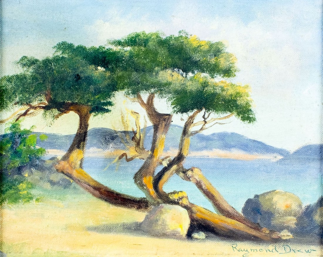 Adelbert Peter Drew (CA,IA,1884-1967) oil painting: ARTIST: Adelbert Peter Raymond Drew (California, Iowa, 1884 - 1967) TITLE: Costal Landscape MEDIUM: oil on canvas board CONDITION: Few minor paint losses. No visible inpai