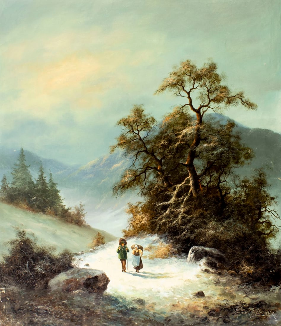 G Lechner (Europe,20C) oil painting: ARTIST: G Lechner (European, 20 century) TITLE: Winter Mountain Landscape MEDIUM: oil on canvas CONDITION: Unstretched (In-House stretching available). Some scratches/paint