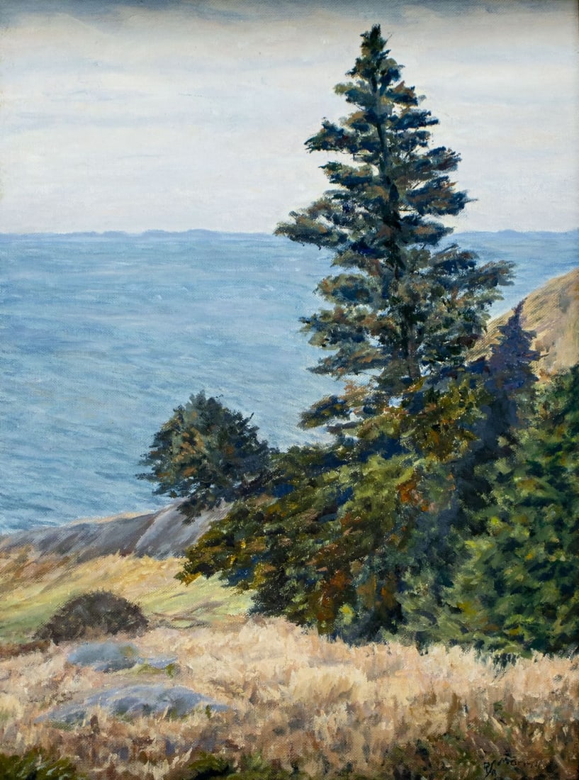 Ruth Merrill (Maine,20C) oil painting: ARTIST: Ruth Merrill (Maine, 20 century) TITLE: Landscape - Monhegan Island, Maine MEDIUM: oil on canvas board CONDITION: Overall good. No visible inpaint under UV light.