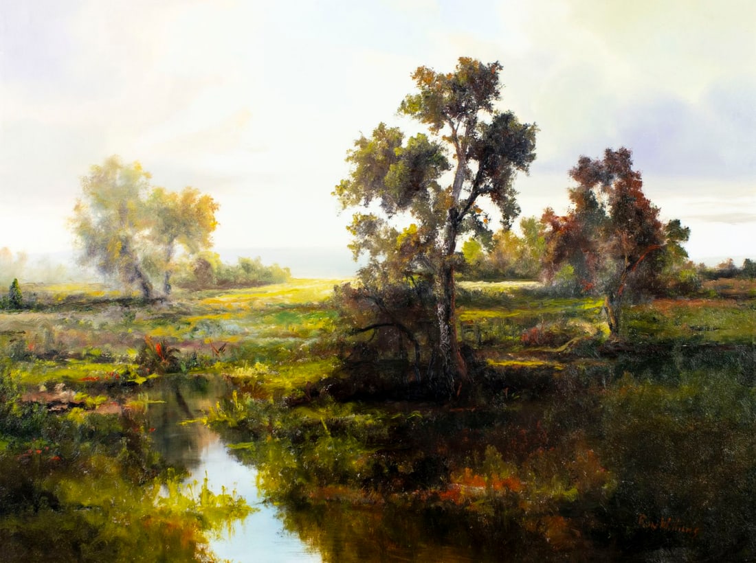 Ron Williams (TN,1947-2016) oil painting: ARTIST: Ron Williams (Tennessee, 1947 - 2016) TITLE: Autumn Countryside Landscape MEDIUM: oil on canvas CONDITION: Very good. No visible inpaint under UV light. Normal wea