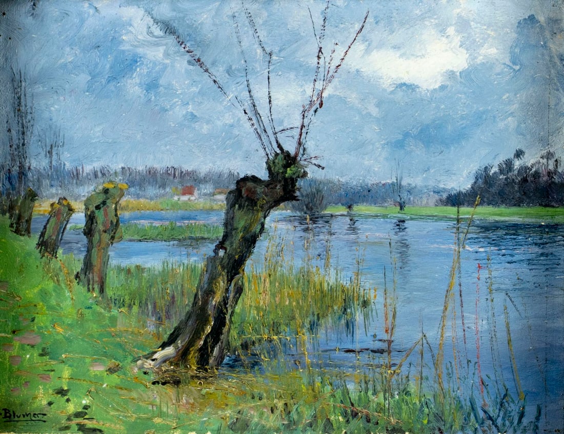 Lucien Blumer (France,1871-1947) oil painting antique: ARTIST: Lucien Charles Blumer (French, 1871 - 1947) TITLE: River Landscape MEDIUM: oil on canvas CONDITION: Few nail holes by the corners. Few minor paint losses. No visib
