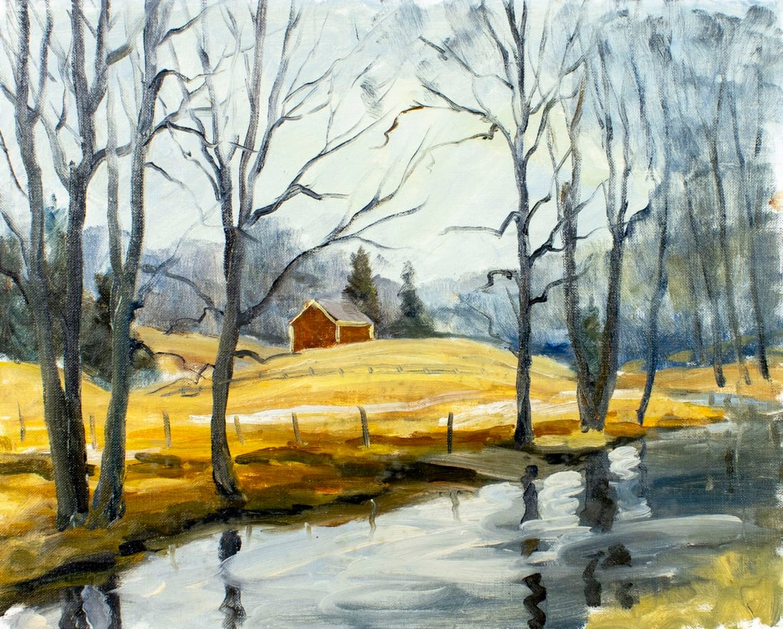 George Holloway (NJ,20C) oil painting: ARTIST: George Holloway (New Jersey, 20 century) TITLE: Spring Country Landscape MEDIUM: oil on canvas board CONDITION: Overall good. No visible inpaint under UV light. <