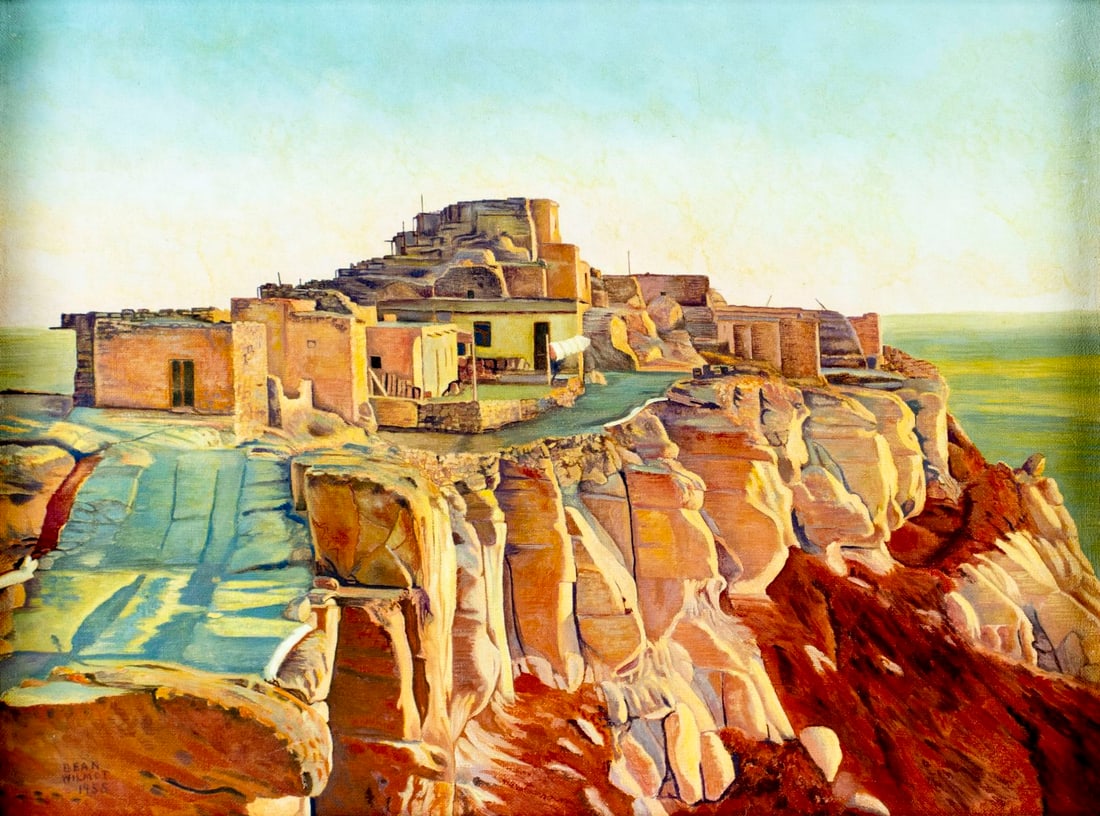 Dean Wilmot (US,mid 20C) oil painting: ARTIST: Dean Wilmot (American, mid 20 century) TITLE: Hopi, Village of Walpi, AZ (titled on stretcher) YEAR: 1955 MEDIUM: oil on canvas CONDITION: One re