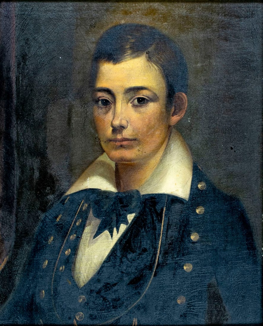 Antique 19C American oil painting: ARTIST: - (American, 19 century) TITLE: Portrait of Young Man MEDIUM: oil on canvas. Canvas applied to board. CONDITION: Few minor paint losses. Some craquelure. Some scat