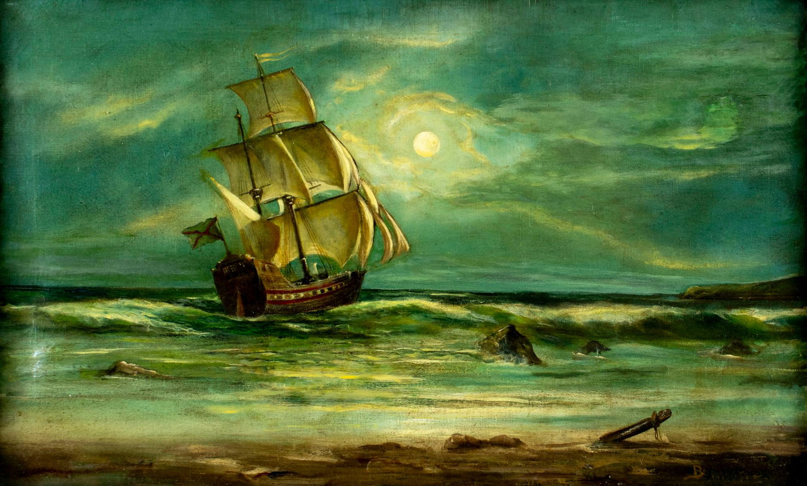 Bonner (German,19C) oil painting antique: ARTIST: Bonner (Germany, 19 century) TITLE: Moonlit Seascape with Sail Ship MEDIUM: oil on canvas CONDITION: Few patches. Some small scratches/paint losses mostly along edge