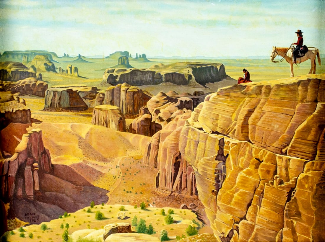 Dean Wilmot (US,mid 20C) oil painting: ARTIST: Dean Wilmot (American, mid 20 century) TITLE: New Mexico (titled on stretcher) MEDIUM: oil on canvas CONDITION: Few minor scratches. No visible inpaint under UV ligh