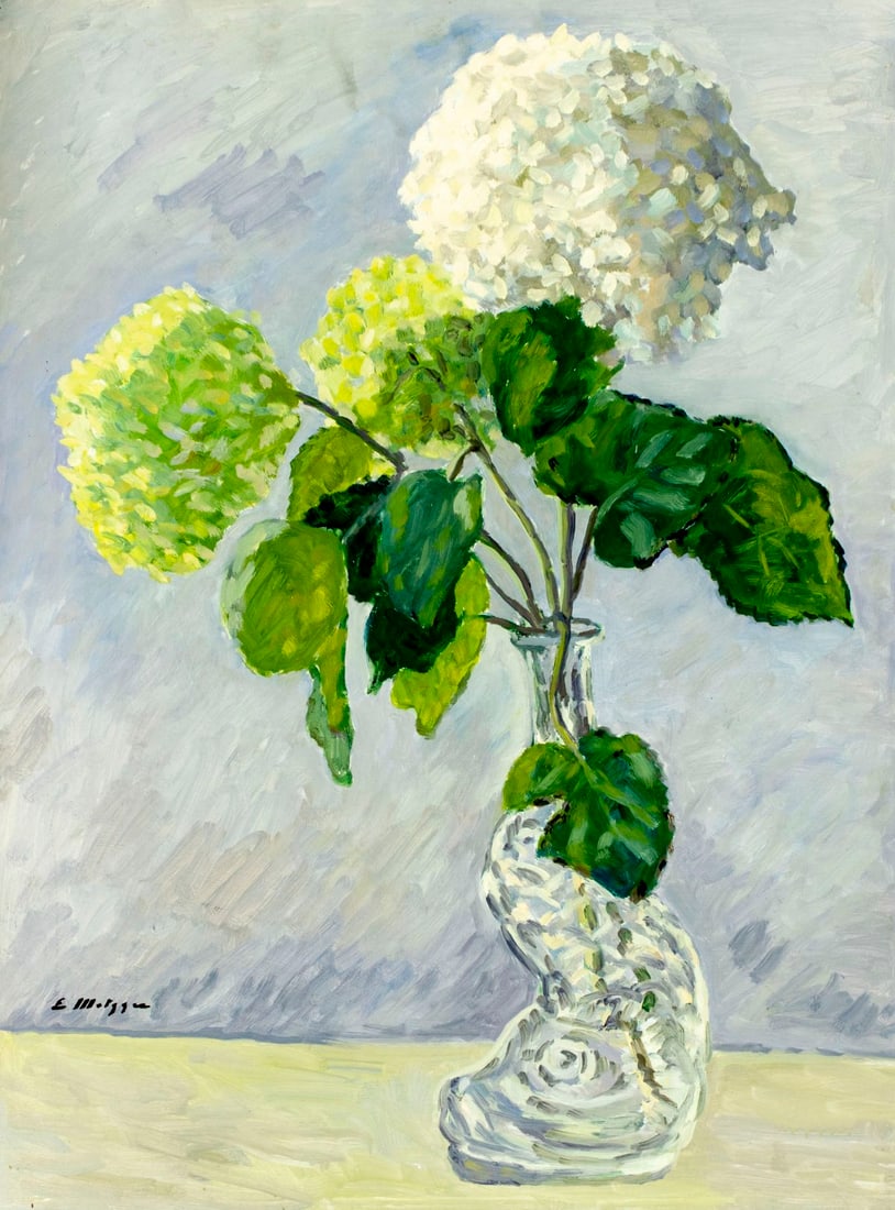 Evelyn Metzger (NY,Brazil,1911-2007) oil painting: ARTIST: Evelyn Borchard Metzger (New York, Brazilian, 1911 - 2007) TITLE: Still Life with Vase of Hydrangea MEDIUM: oil on board CONDITION: Some minor scratches. No visibl