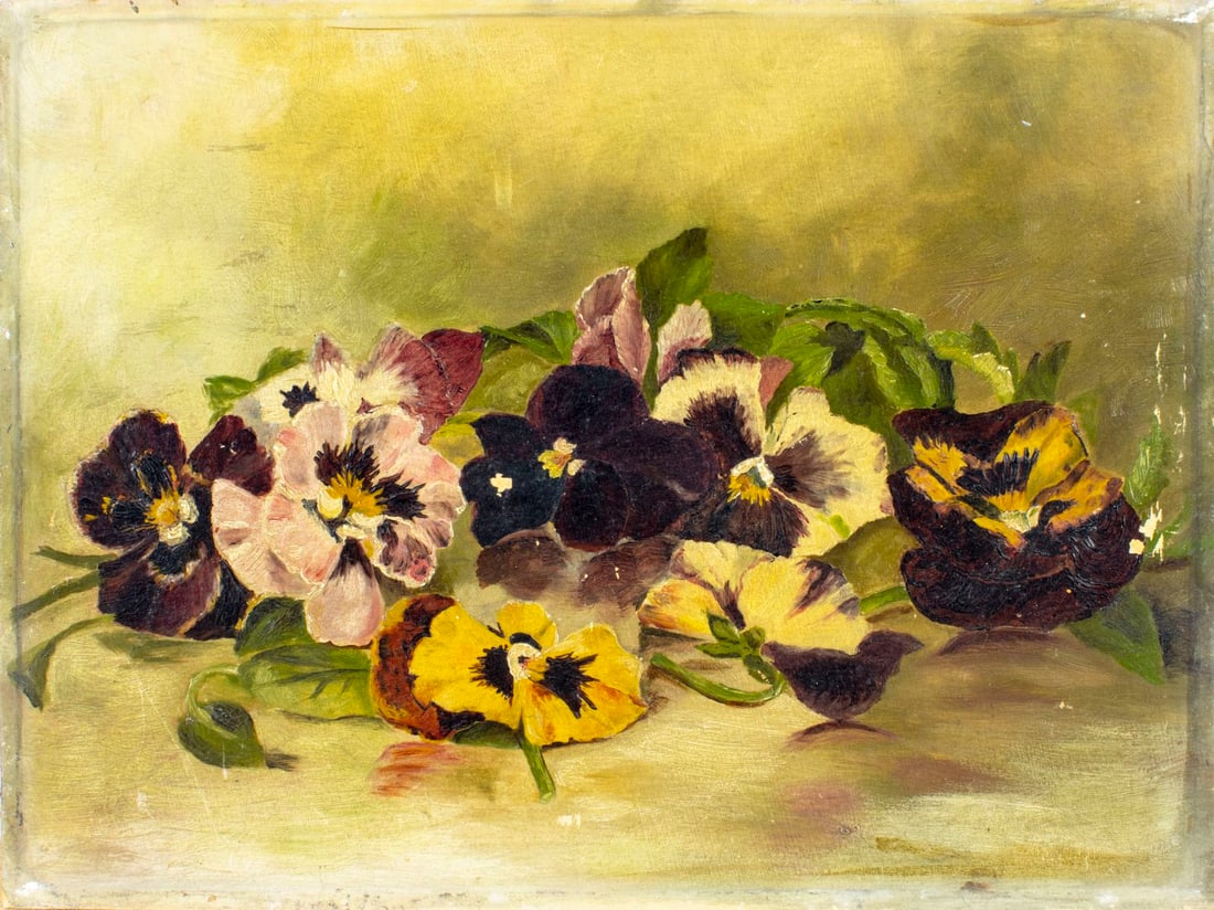 Antique early 20C American oil painting: ARTIST: - (American, early 20 century) TITLE: Still Life with Pansies MEDIUM: oil on board CONDITION: Small paint losses. No visible inpaint under UV light. ART
