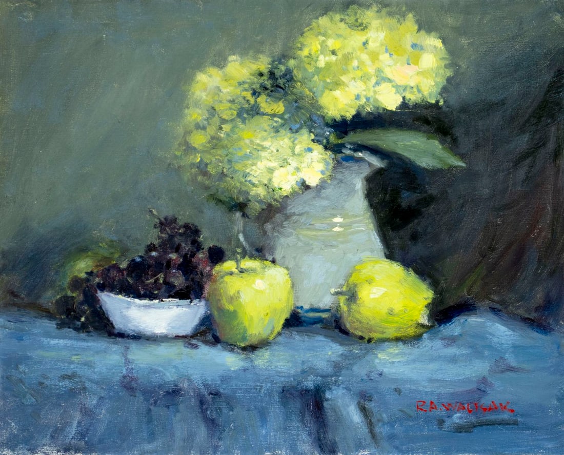 Robert Waltsak (NJ,b 1944) oil painting: ARTIST: Robert Alan Waltsak (New Jersey, born 1944) TITLE: Still Life with Vase of Flowers and Fruit MEDIUM: oil on canvas CONDITION: Few very minor scratches/paint losses.