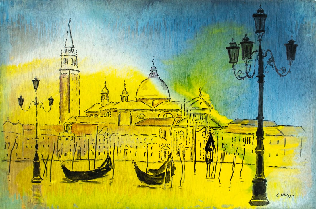 Evelyn Metzger (NY,Brazil,1911-2007) oil painting: ARTIST: Evelyn Borchard Metzger (New York, Brazilian, 1911 - 2007) TITLE: Venice Cityscape MEDIUM: oil on board CONDITION: Some small damages to upper corners. Few faint s